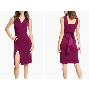 Dress the Population Alessia Tie Waist Crepe fitted cocktail Dress dark magenta